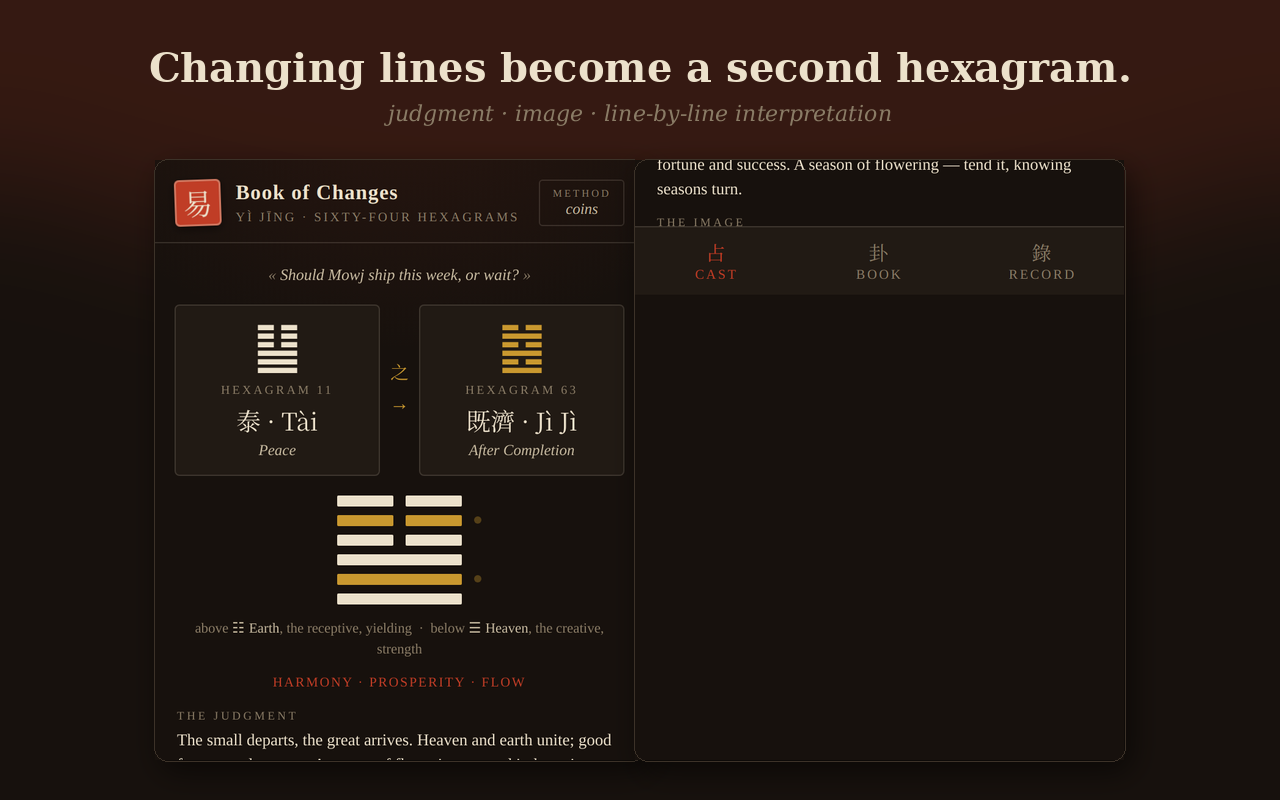 Reading view: primary hexagram, changing lines, transformed hexagram