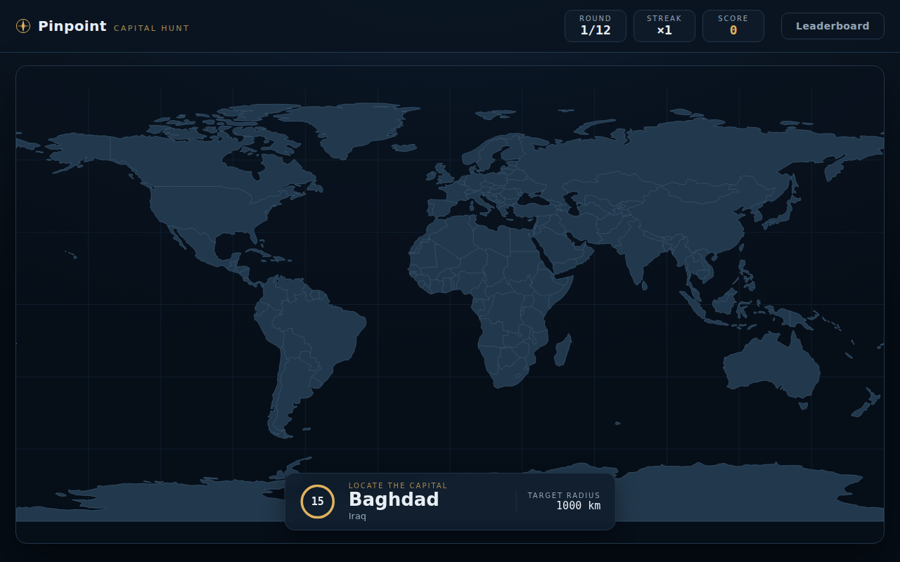 Pinpoint gameplay: a world map with the prompt 'Locate the city — Lagos, Nigeria' and a 15-second countdown ring